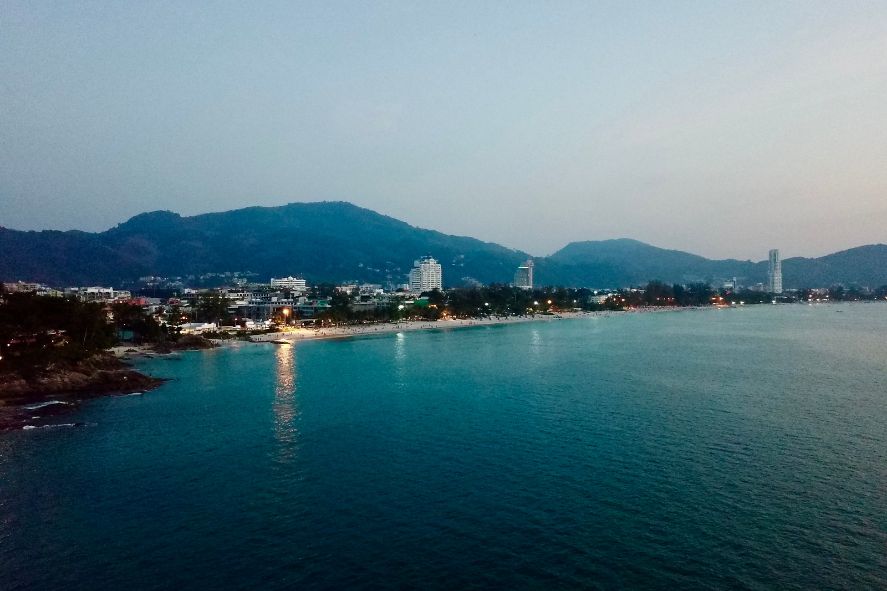 Phuket Patong Thailand at night from above by drone
